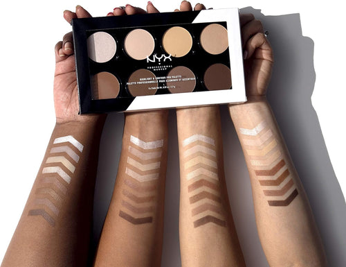 Open refillable powder face palette with four highlighting and four contouring tones