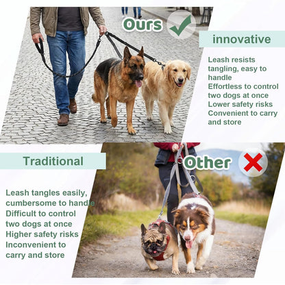 Two dogs of different sizes walking comfortably side by side using the adjustable coupler lead.