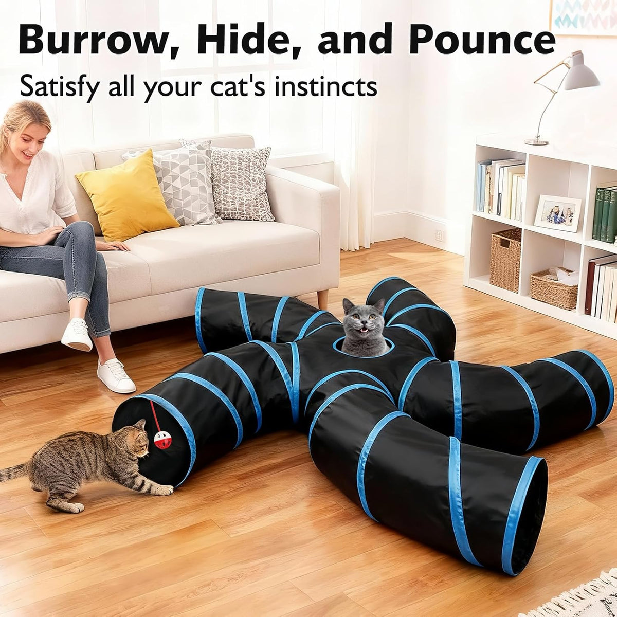 Side profile of the Joytale collapsible cat maze highlighting the secure fastening straps for storage.