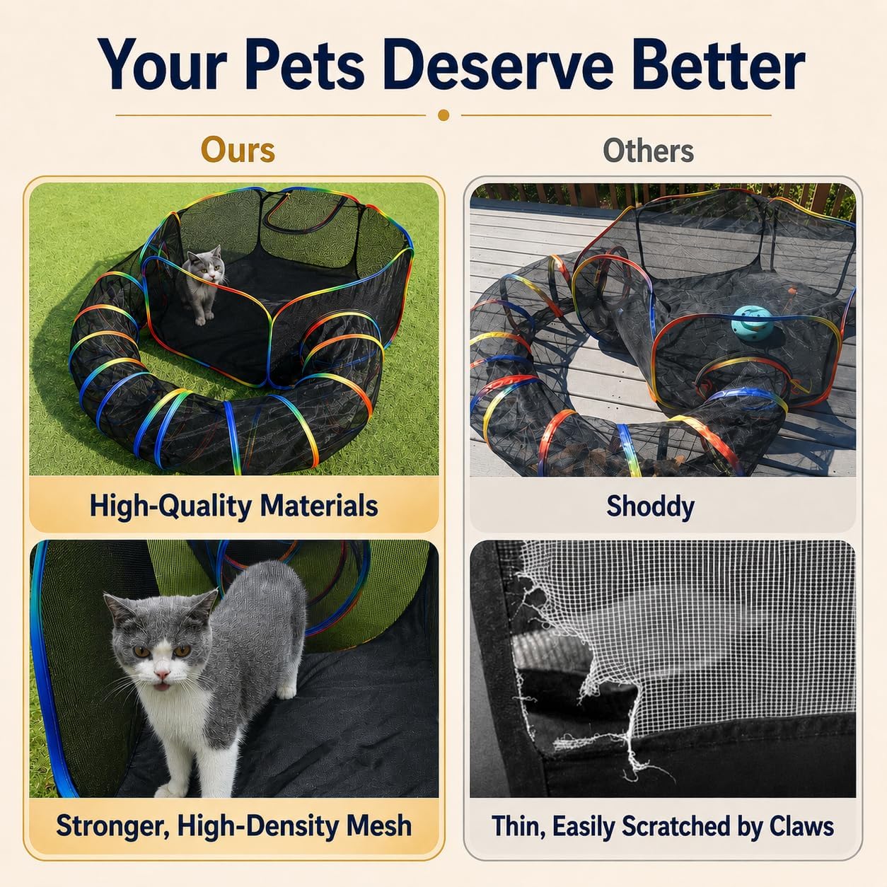 LUCKITTY rainbow color pet tunnel and tent setup inside a living room for indoor pet play.