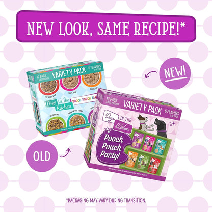 Twelve individual wet dog food pouches from Weruva Pooch Pouch Party