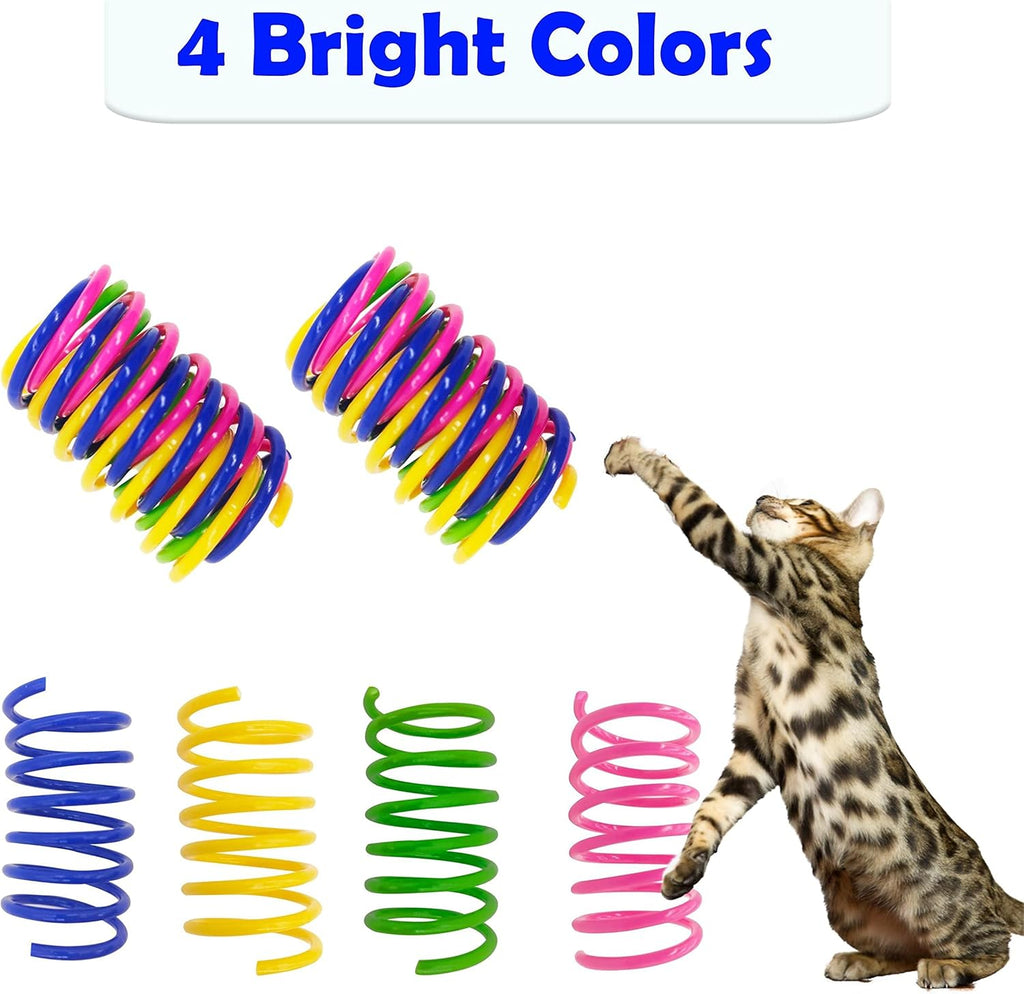 Multi colored bouncing spiral toys for healthy feline exercise and mental stimulation.