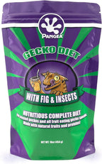 Pangea reptile food container with feeding guidelines visible