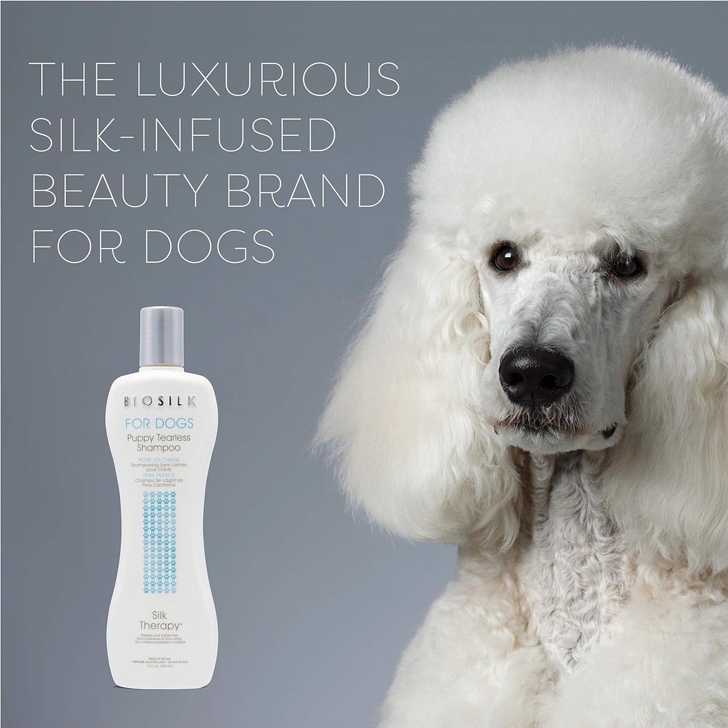 BioSilk puppy shampoo bottle back view with ingredient and usage details