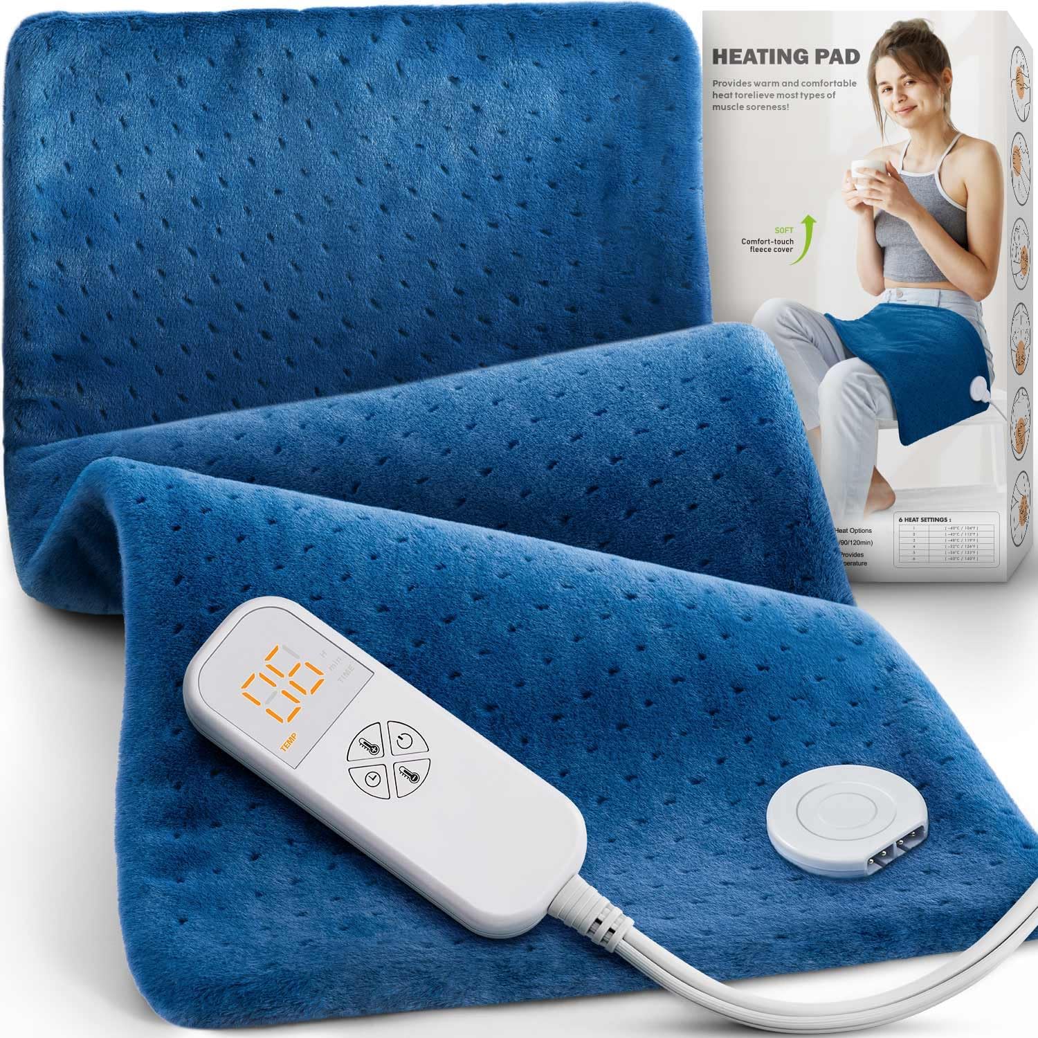 Fanatato electric heating pad front view showing blue microplush fabric texture and digital controller.