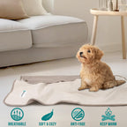 Small puppy resting comfortably on the soft taupe beige sherpa throw blanket.
