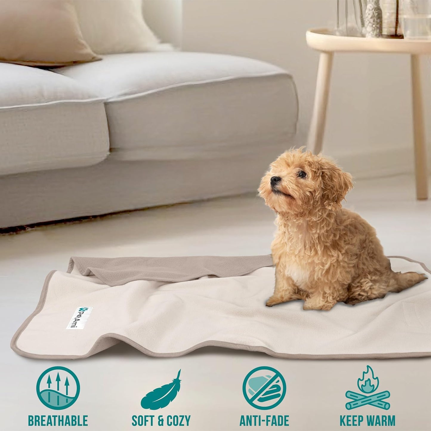 Small puppy resting comfortably on the soft taupe beige sherpa throw blanket.