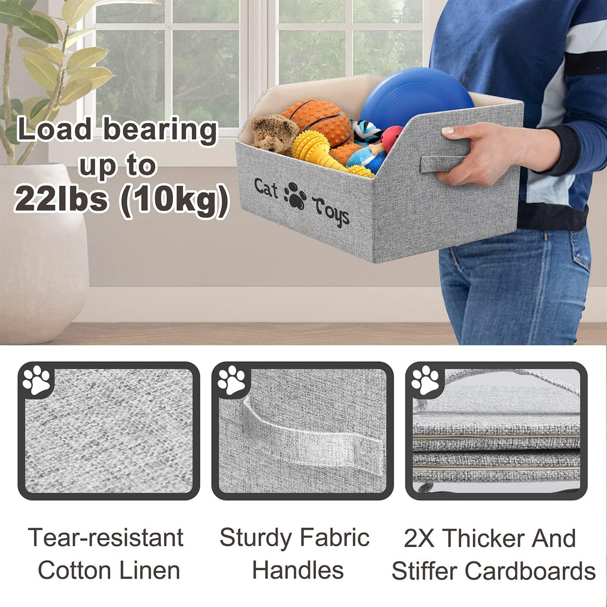 Sturdy kitten toy box with a low front edge showing easy pet access