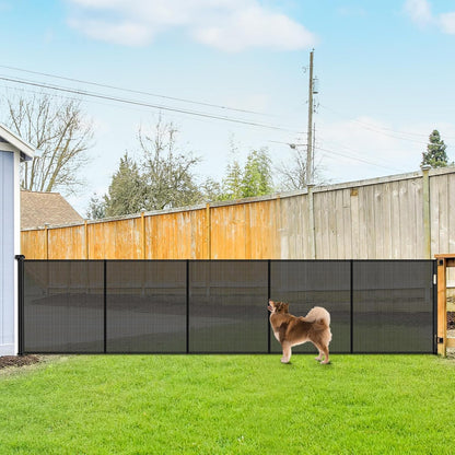 Stcockis reinforced extra tall retractable dog gate front view stretched across a wide living room opening.