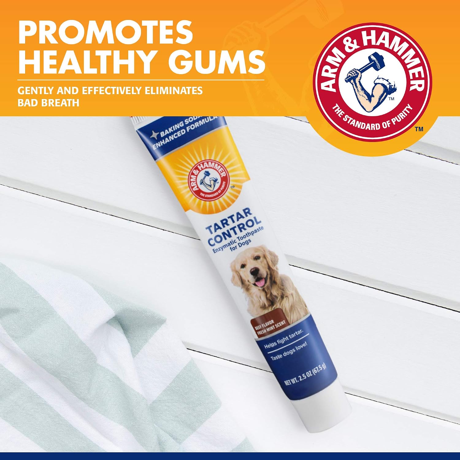 Back view of Arm and Hammer pet dental care tube showing instructions