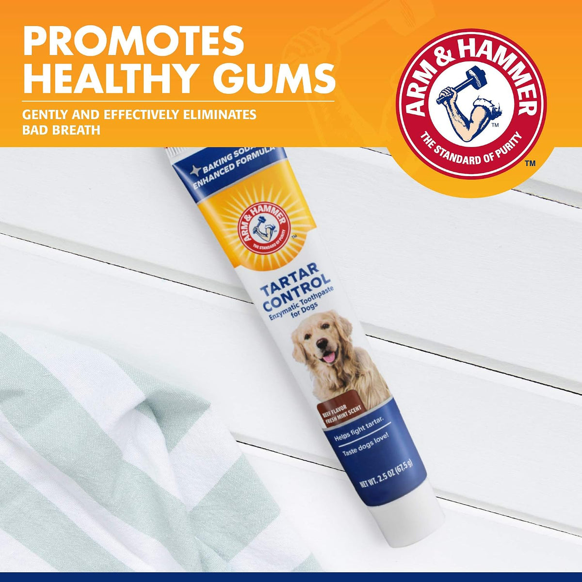Back view of Arm and Hammer pet dental care tube showing instructions