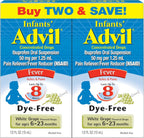 Advil Infants' Liquid Pain Reliever front view packaging showing dye-free white grape flavor.