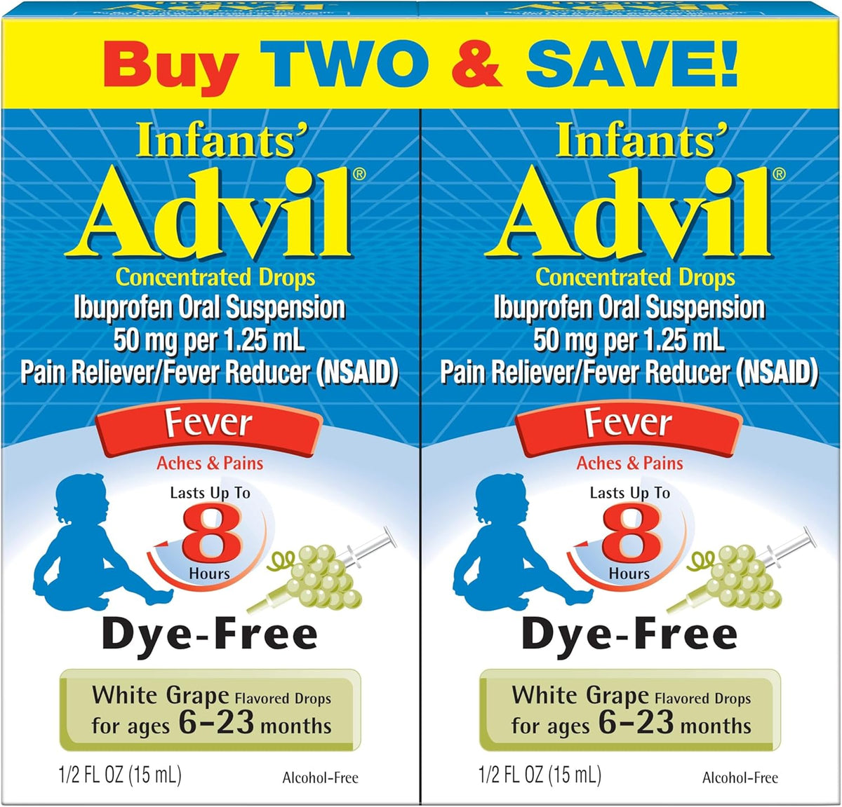 Advil Infants' Liquid Pain Reliever front view packaging showing dye-free white grape flavor.