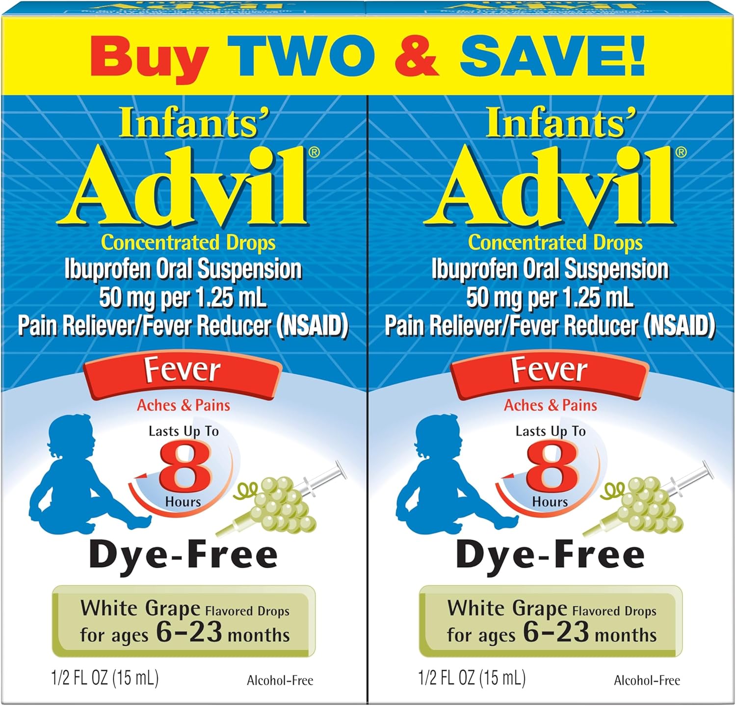 Infants' Advil Liquid Pain Reliever and Baby Fever Reducer, Infant Ibuprofen Dye Free Pain Relief and Fever Medicine, White Grape - 0.5 Fl Oz (2 Pack) - Image 1