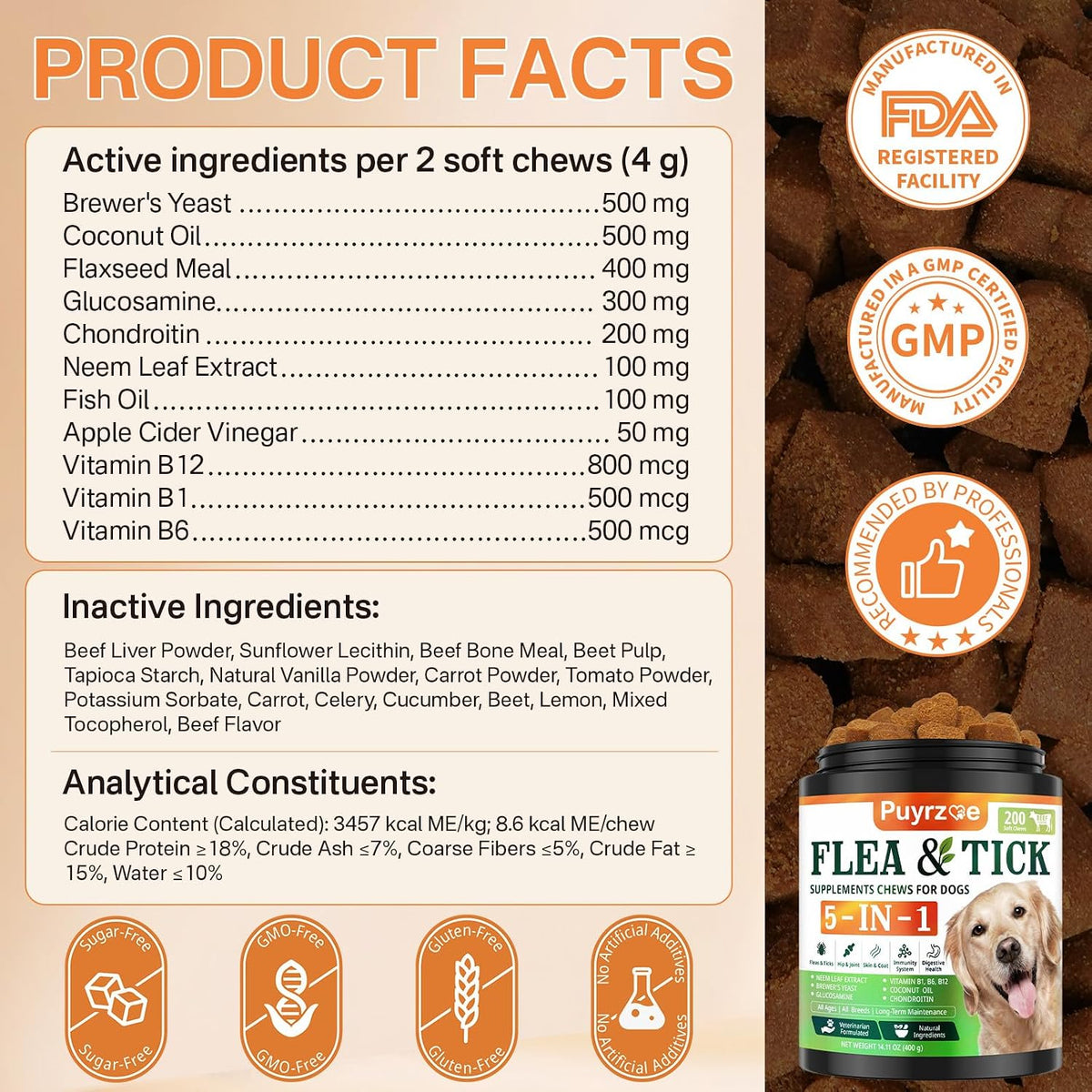 Puyrzoe 5-in-1 Dog Flea and Tick Treatment Chewable, Natural Flea and Tick Prevention for Dogs Chewable - Flea & Tick | Hip & Joint | Skin & Coat | Immunity Support | Digestive for All Breeds & Sizes - Image 9