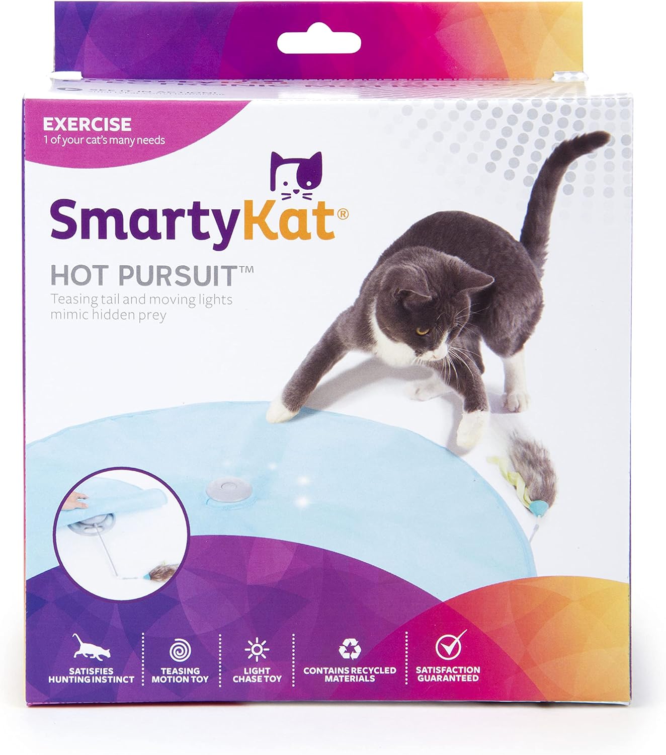 Curious cat playing with SmartyKat electronic moving wand under canopy