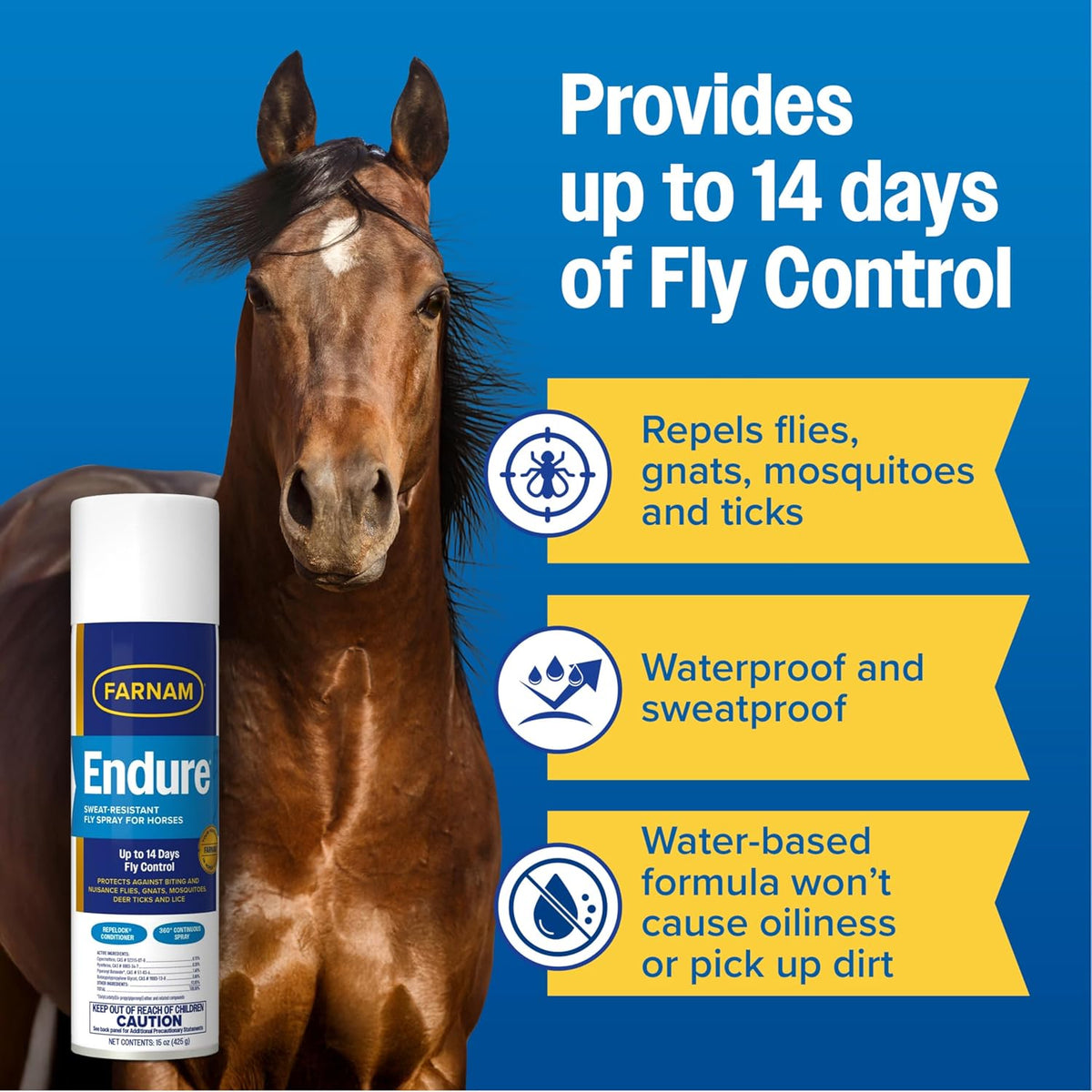 Farnam Endure sweat resistant equine fly spray showing the continuous three hundred sixty degree spray nozzle