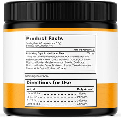 Organic mushroom complex for dogs showing back label ingredients and nutritional facts.