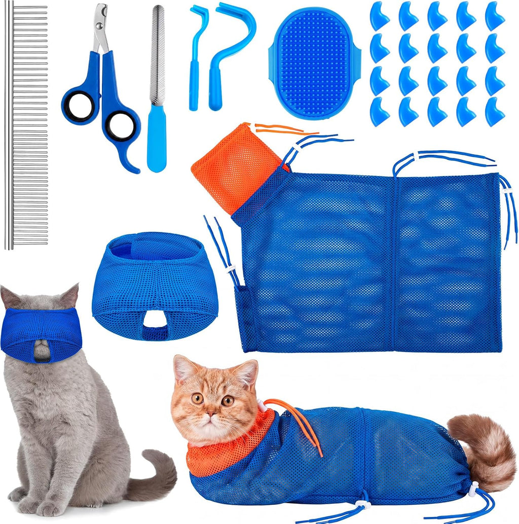 9 Pcs Cat Bathing Bag Set Cat Shower Bag Anti Bite and Scratch for Pet Grooming Washing Brush Comb Muzzle Nail Clipper Nail File Tick Tool(Blue, Gray) - Image 13