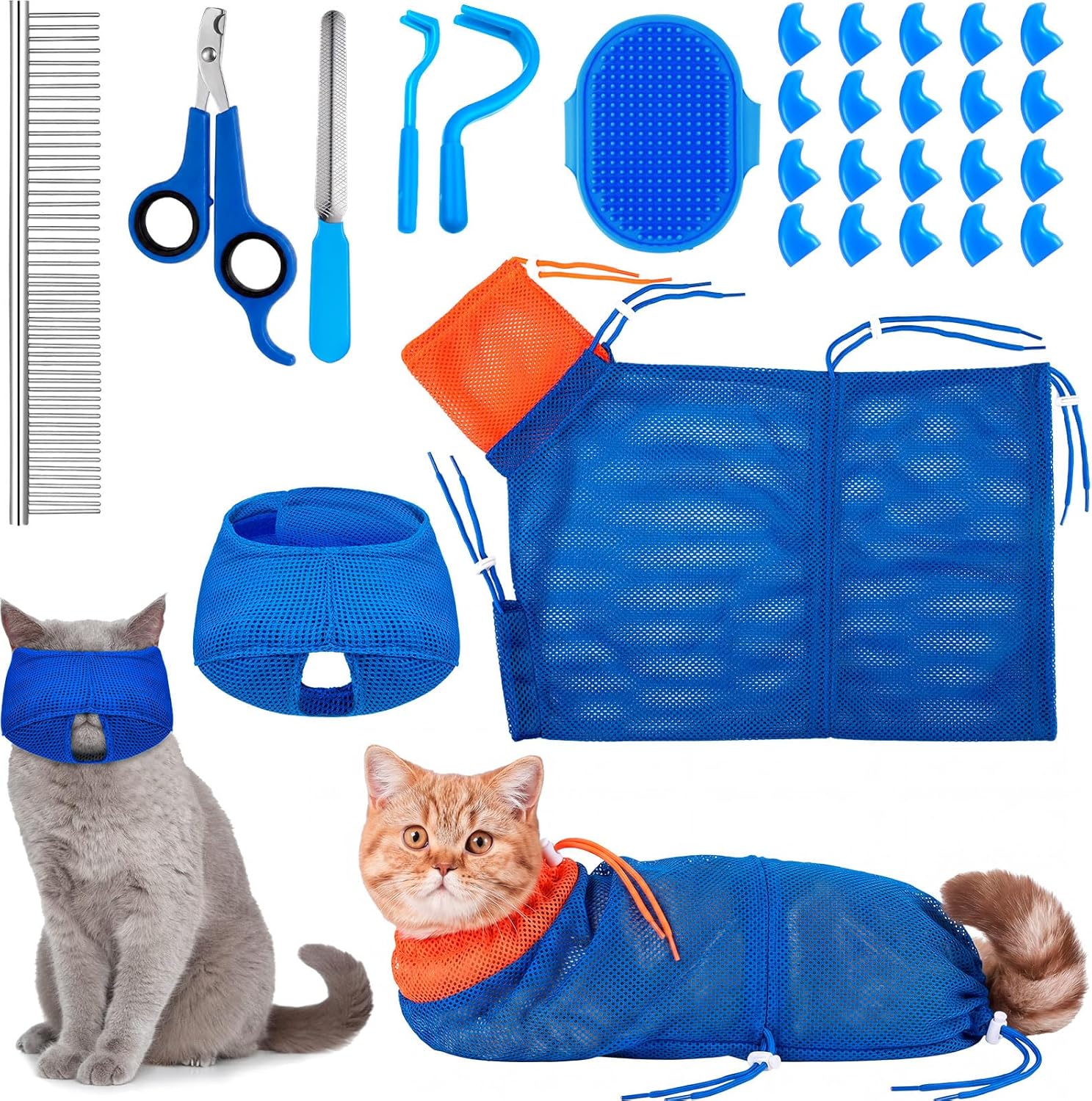 9 Pcs Cat Bathing Bag Set Cat Shower Bag Anti Bite and Scratch for Pet Grooming Washing Brush Comb Muzzle Nail Clipper Nail File Tick Tool(Blue, Gray) - Image 13