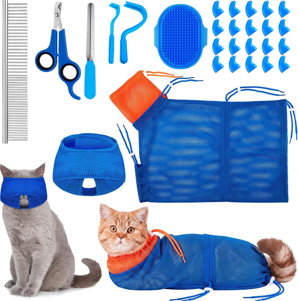 9 Pcs Cat Bathing Bag Set Cat Shower Bag Anti Bite and Scratch for Pet Grooming Washing Brush Comb Muzzle Nail Clipper Nail File Tick Tool(Blue, Gray) - Image 13