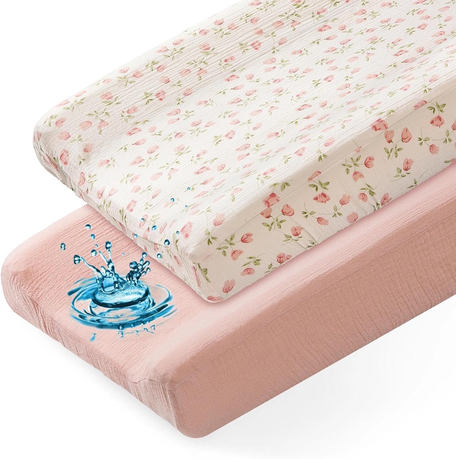 Basumee Muslin Changing Pad Cover Pink front view featuring gentle pattern on changing table