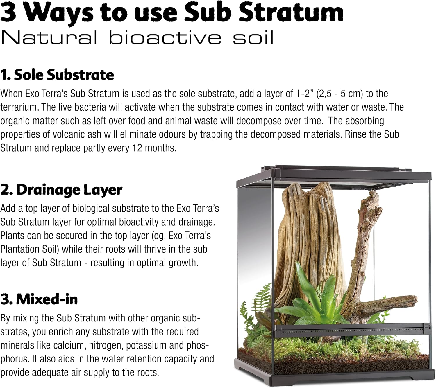 Exo Terra natural bioactive terrarium soil displaying features for odor elimination and drainage.