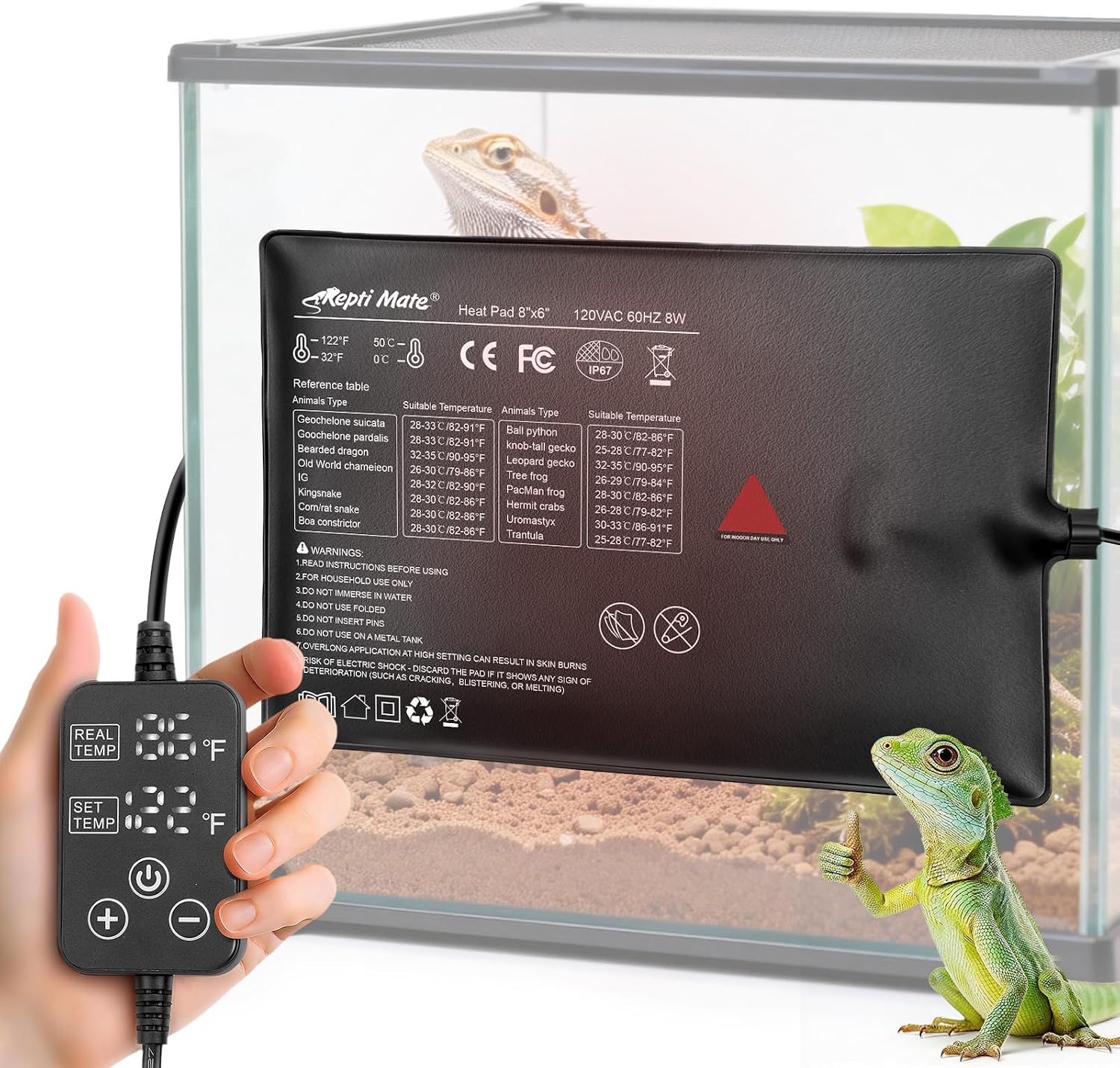 REPTI MATE reptile heating pad front view showing the printed temperature guide for exotic pets.