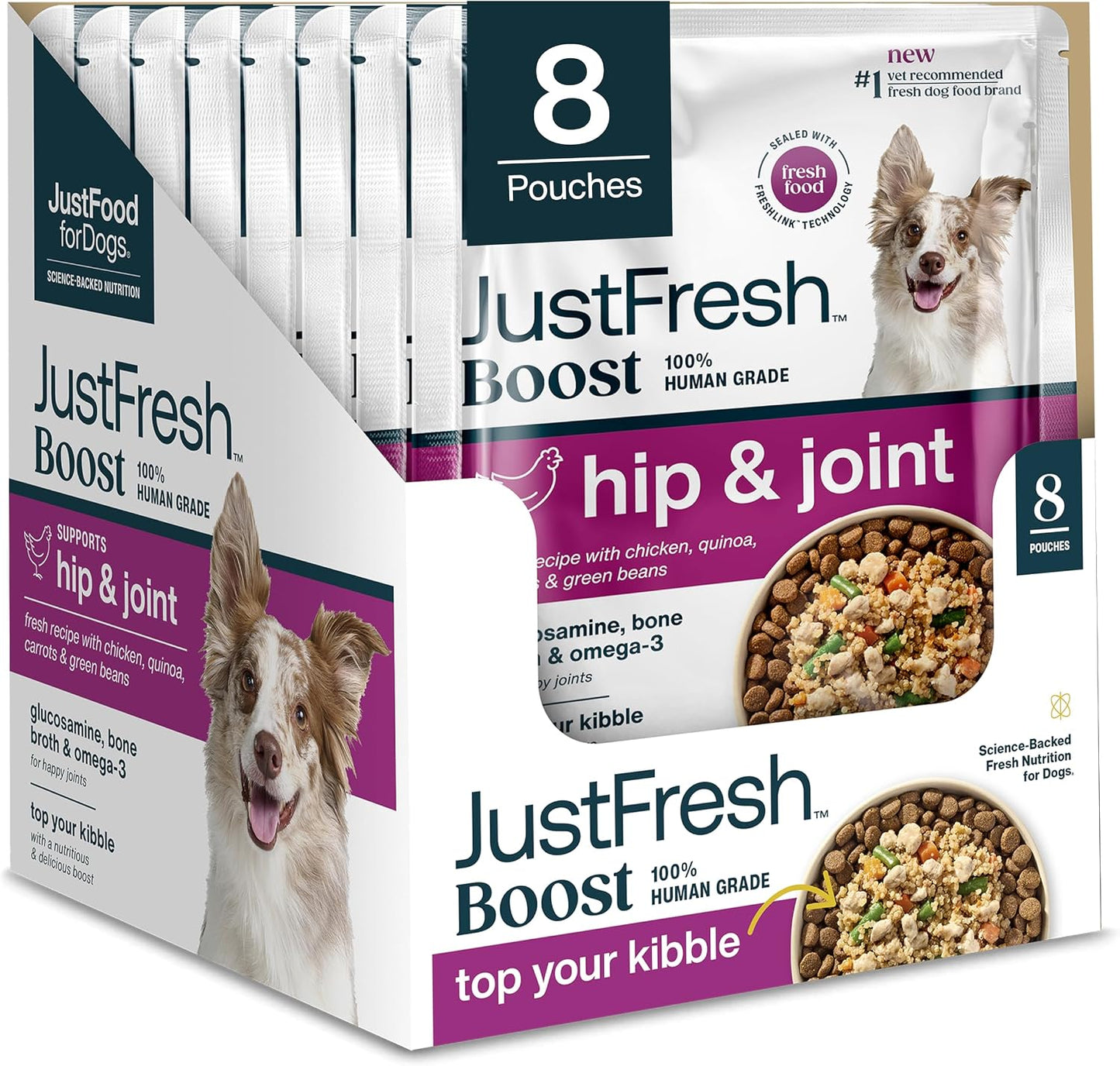 JustFoodForDogs JustFresh Boost Sensitive Stomach Dog Food Toppers with Fiber for Gut Support & Digestive Health, Human-Grade Fresh Pet Meal Booster, 8 oz Pouches - 8 Pack - Image 11