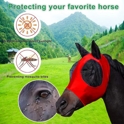 Horse wearing Foxlvda fly mask for insect protection