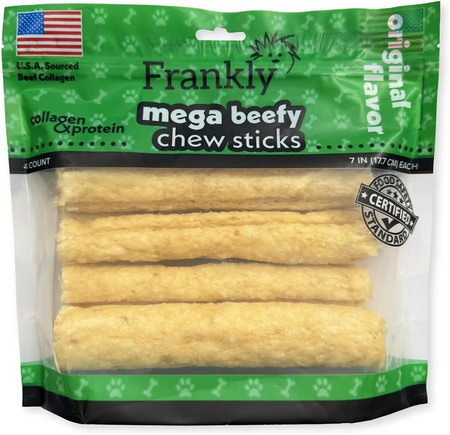 Four count of seven inch Frankly Pet collagen dog treats displayed together