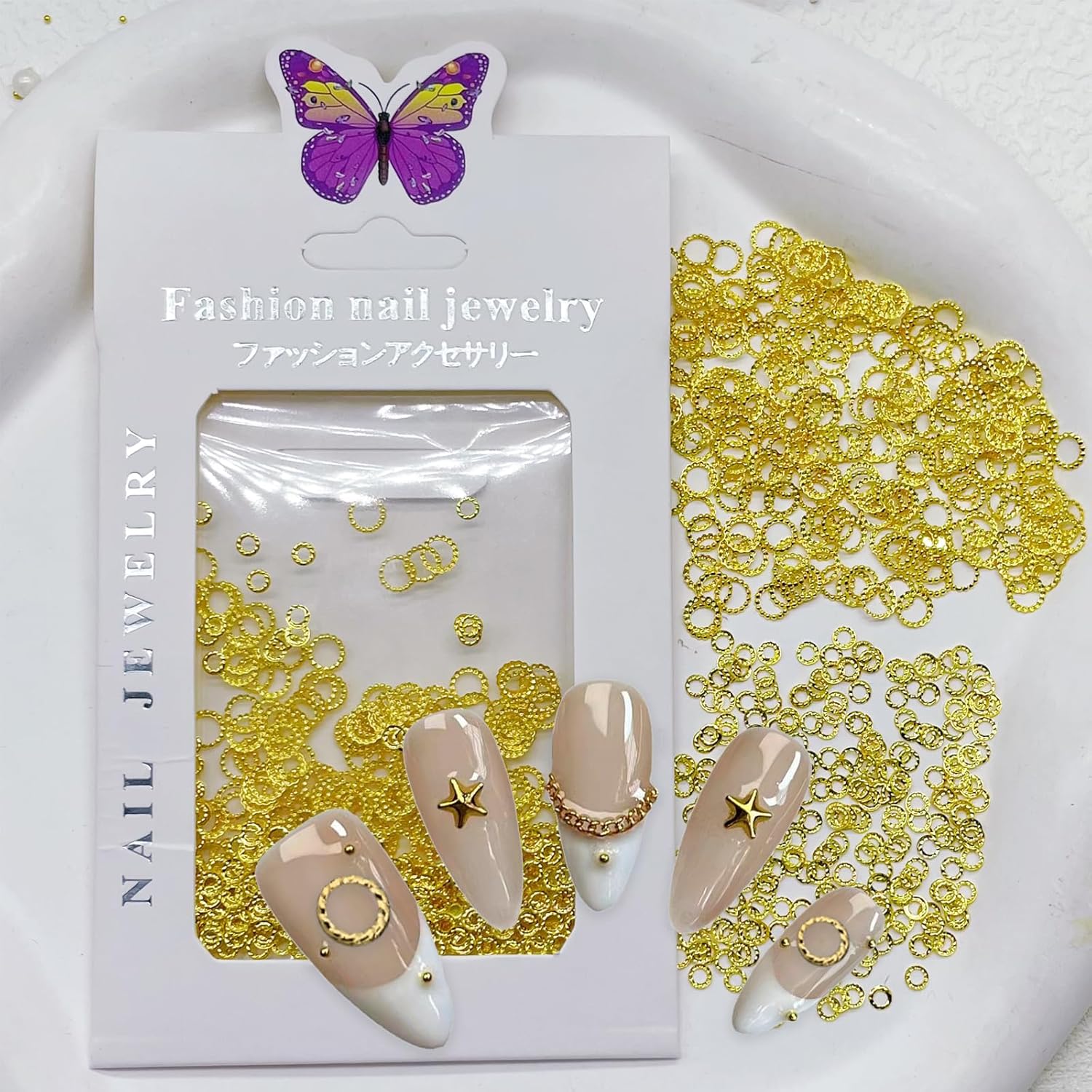 Gadjica 500 pieces round nail charms front view displaying gold metal circle studs for 3D nail art decorations.