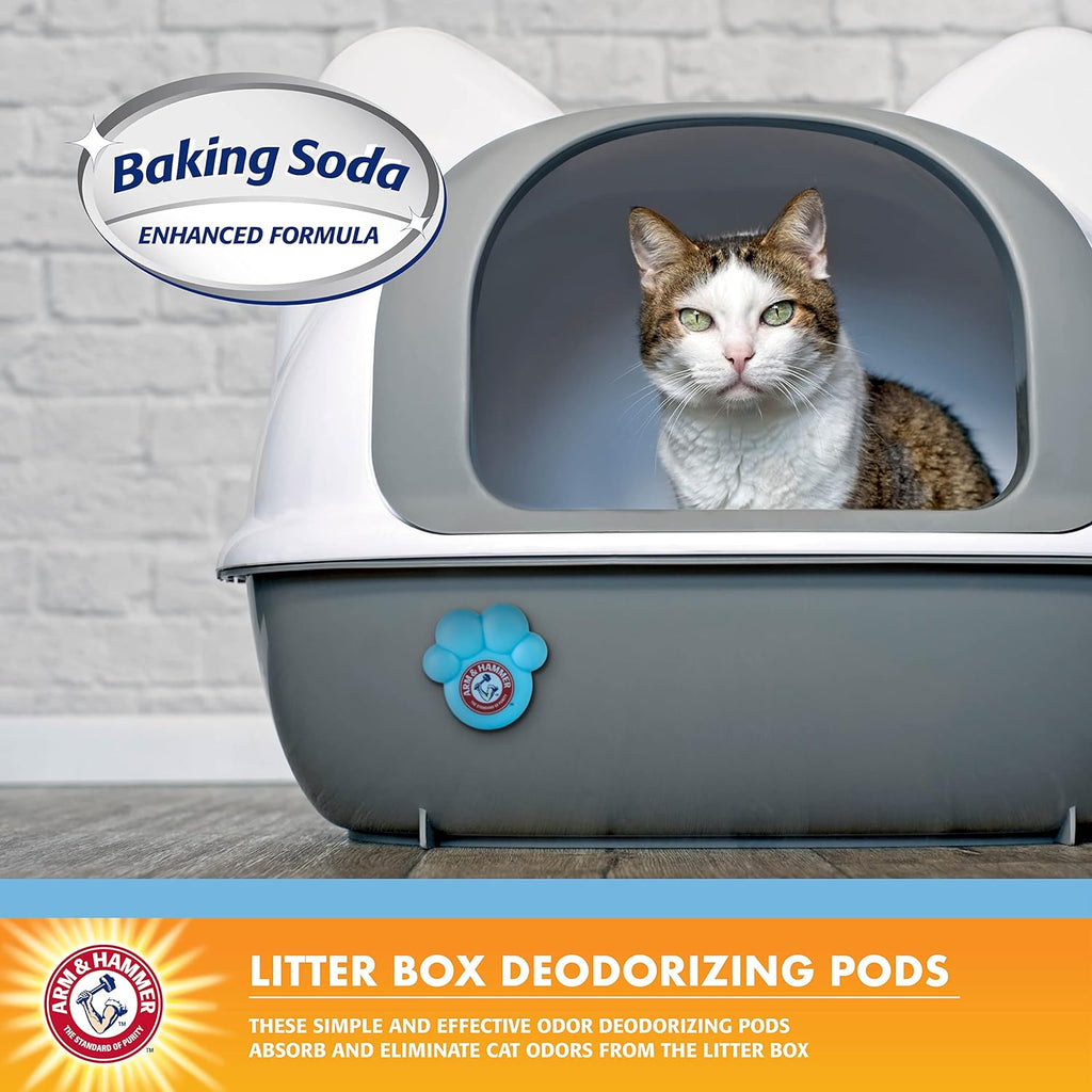 Easy stick on cat box freshener attached to the side of a plastic litter pan.
