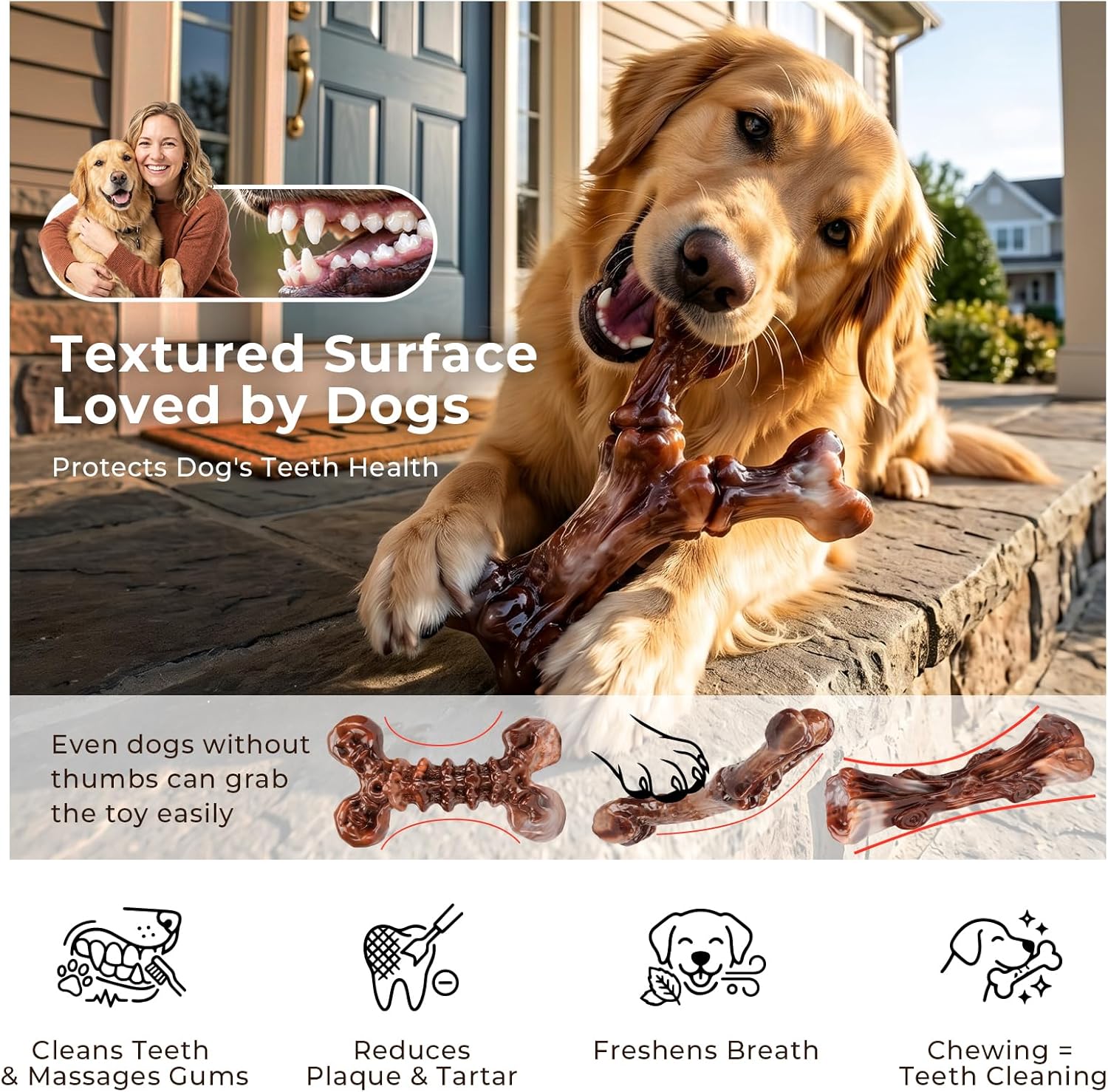 Large dog chewing on Kseroo bacon flavored nylon toy