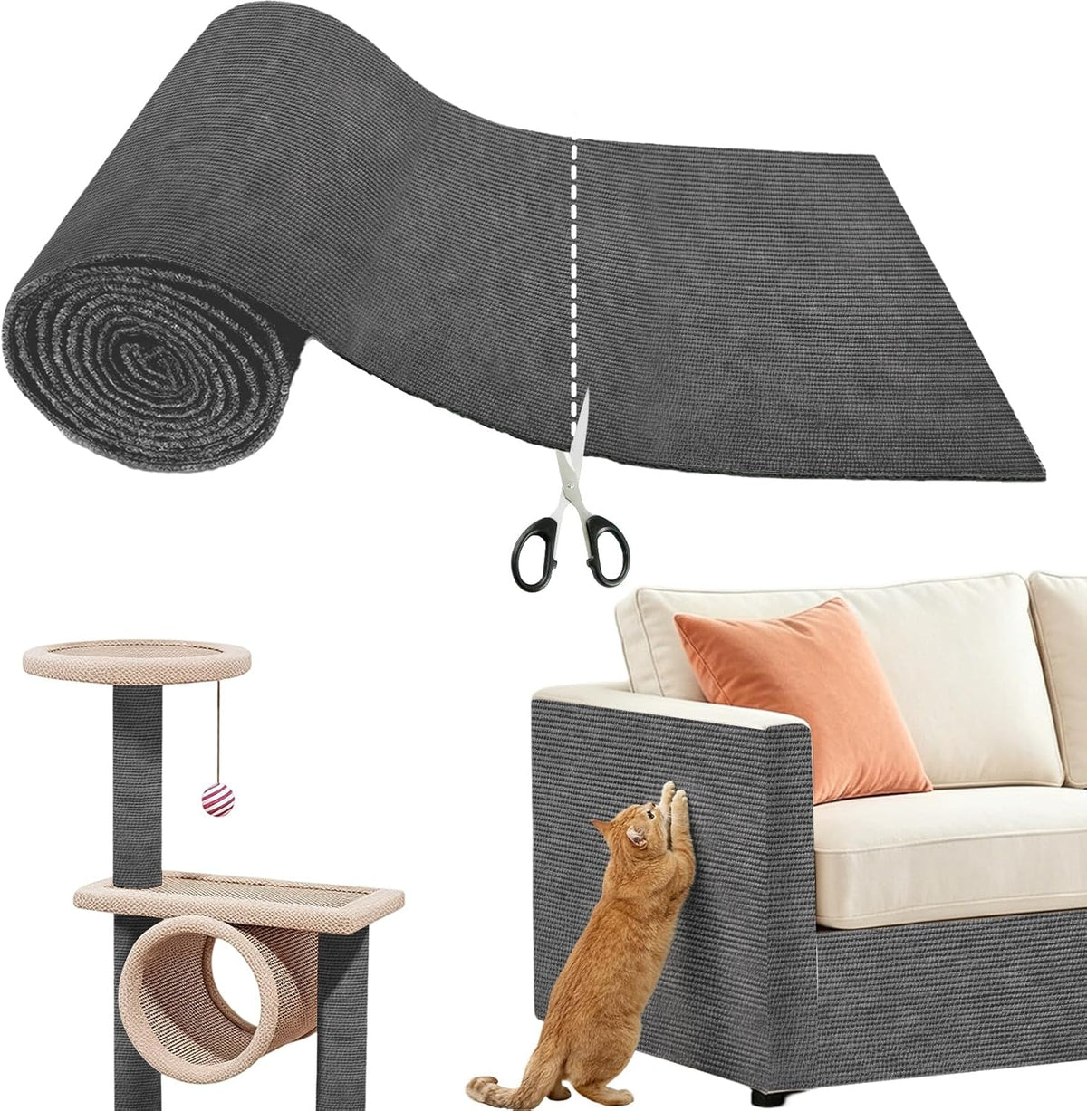 Cat Scratch Mat for Couch Furniture, Self-Adhesive Cat Scratcher Carpet, Trimmable DIY Cat Scratch Pad, Furniture Protector for Couch,Sofa,Door & Cat Tree (Light Gray, 39.3" x 15.8") - Image 10