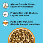Raw freeze dried dog food topper pieces displayed outside the bag.