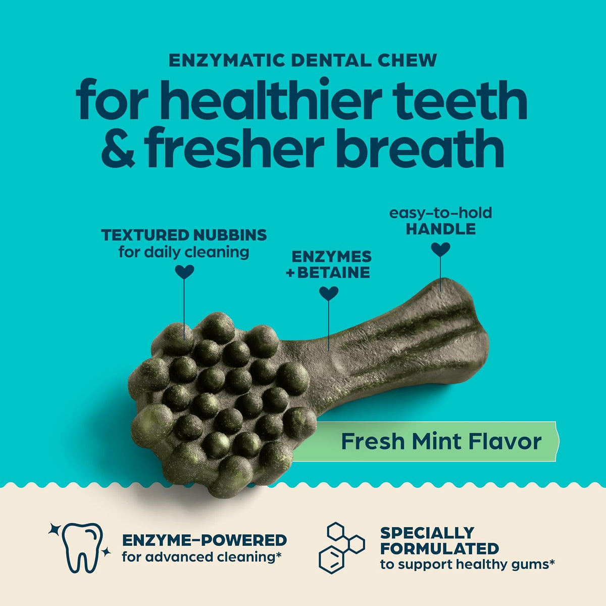 Chewsday dog dental treats close up highlighting the textured nubbins and easy-to-hold handle design