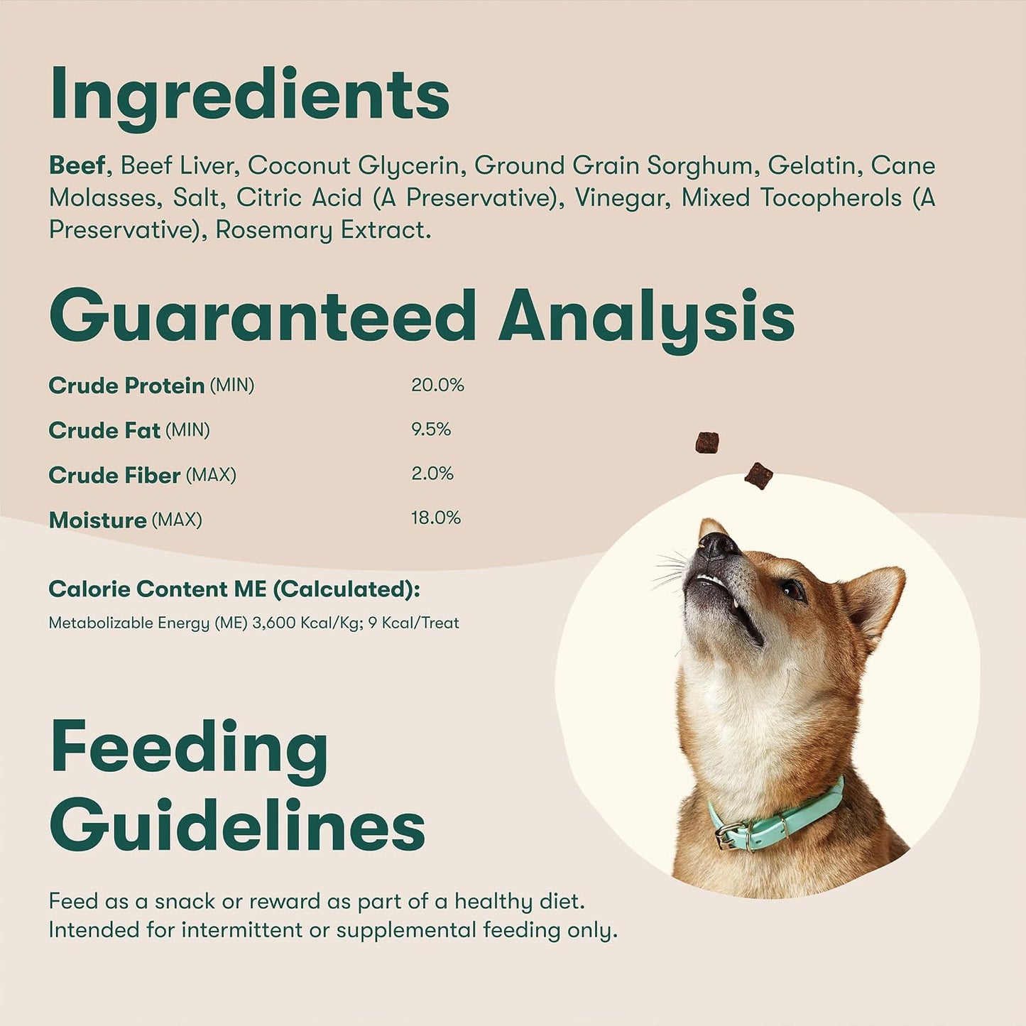 Back of Jinx Beef Bites package showing nutritional analysis