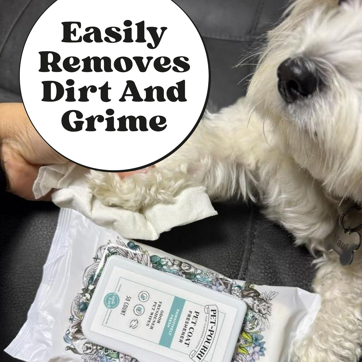 Back label instructions of Pet-Pourri Pawsitively Fresh deodorizing wipes for cats and dogs.