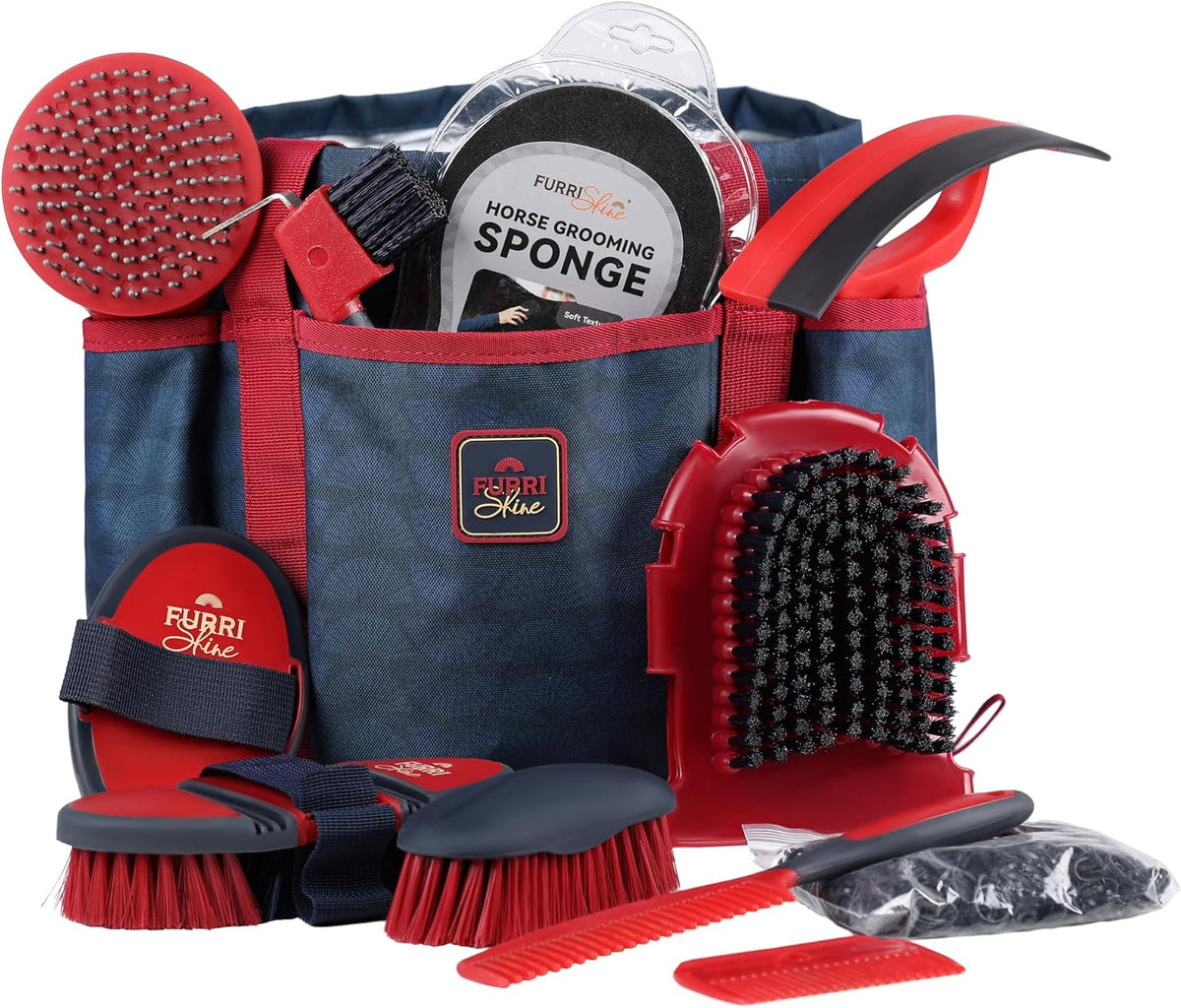 Furrishine professional horse grooming kit front view showcasing the shadowberry tote bag and 11 essential tools.