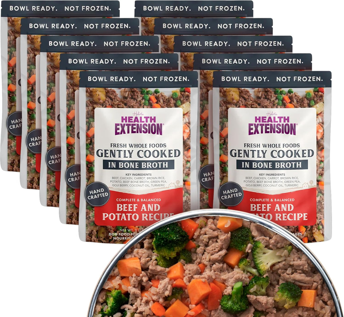 Healthy dog eating from a bowl of Health Extension chicken and pumpkin