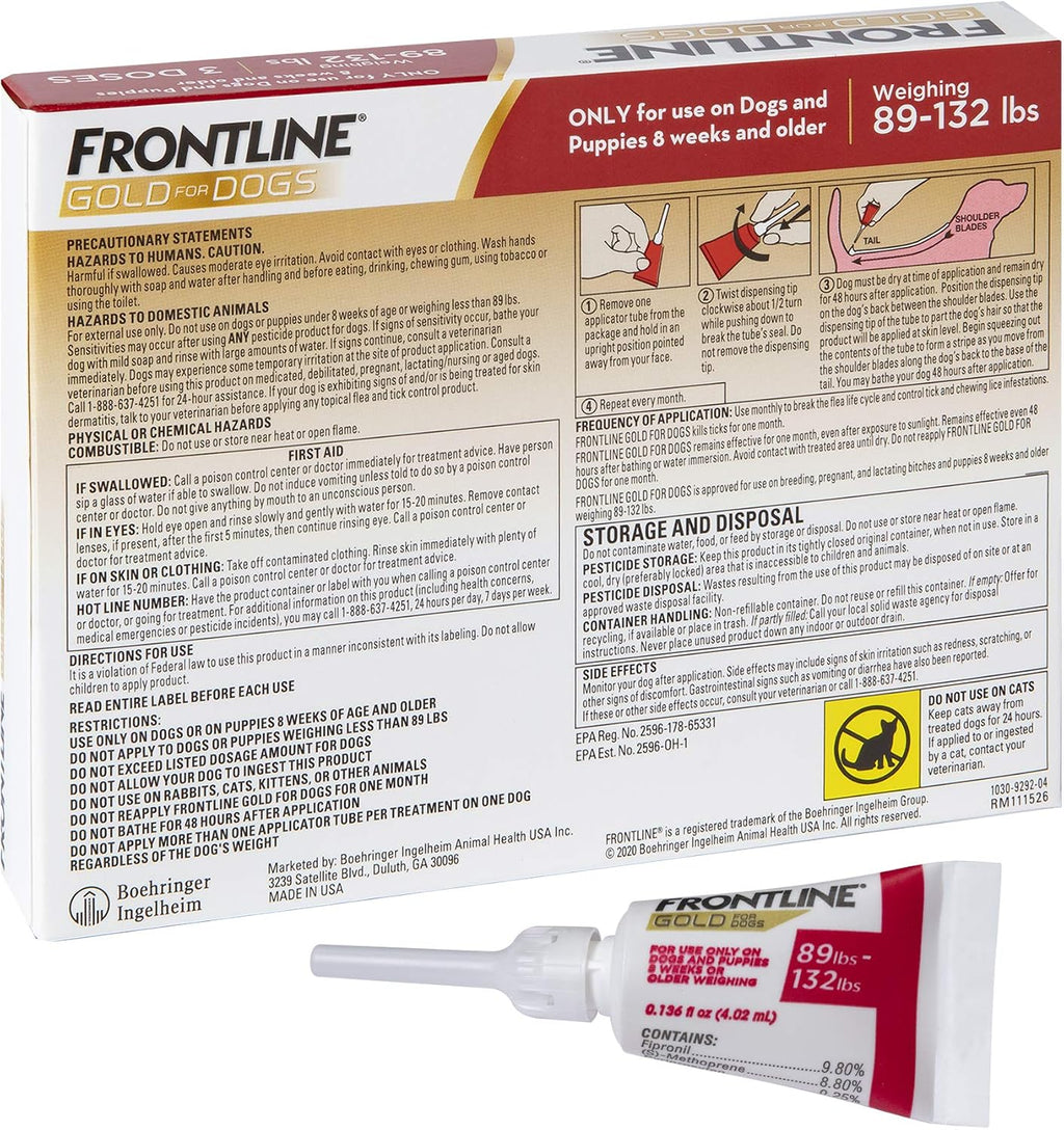 Frontline Gold canine flea and tick protection application instructions on packaging