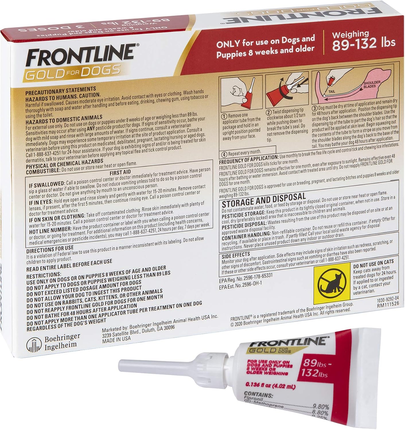 Frontline Gold canine flea and tick protection application instructions on packaging