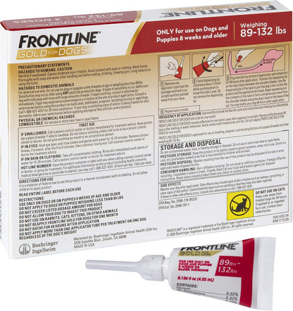 Frontline Gold canine flea and tick protection application instructions on packaging