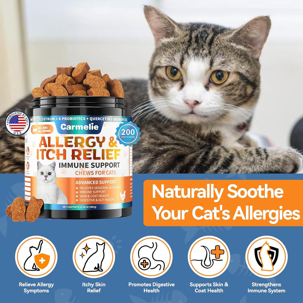 Grain free cat allergy treats formulated to stop paw licking behavior.