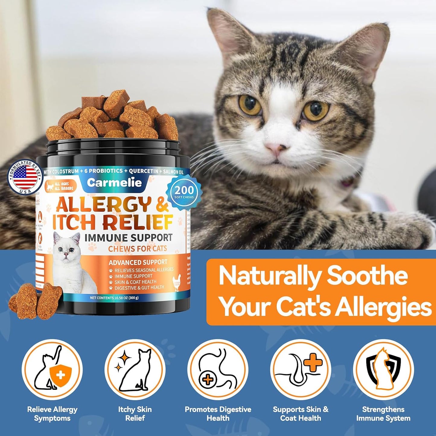 Grain free cat allergy treats formulated to stop paw licking behavior.