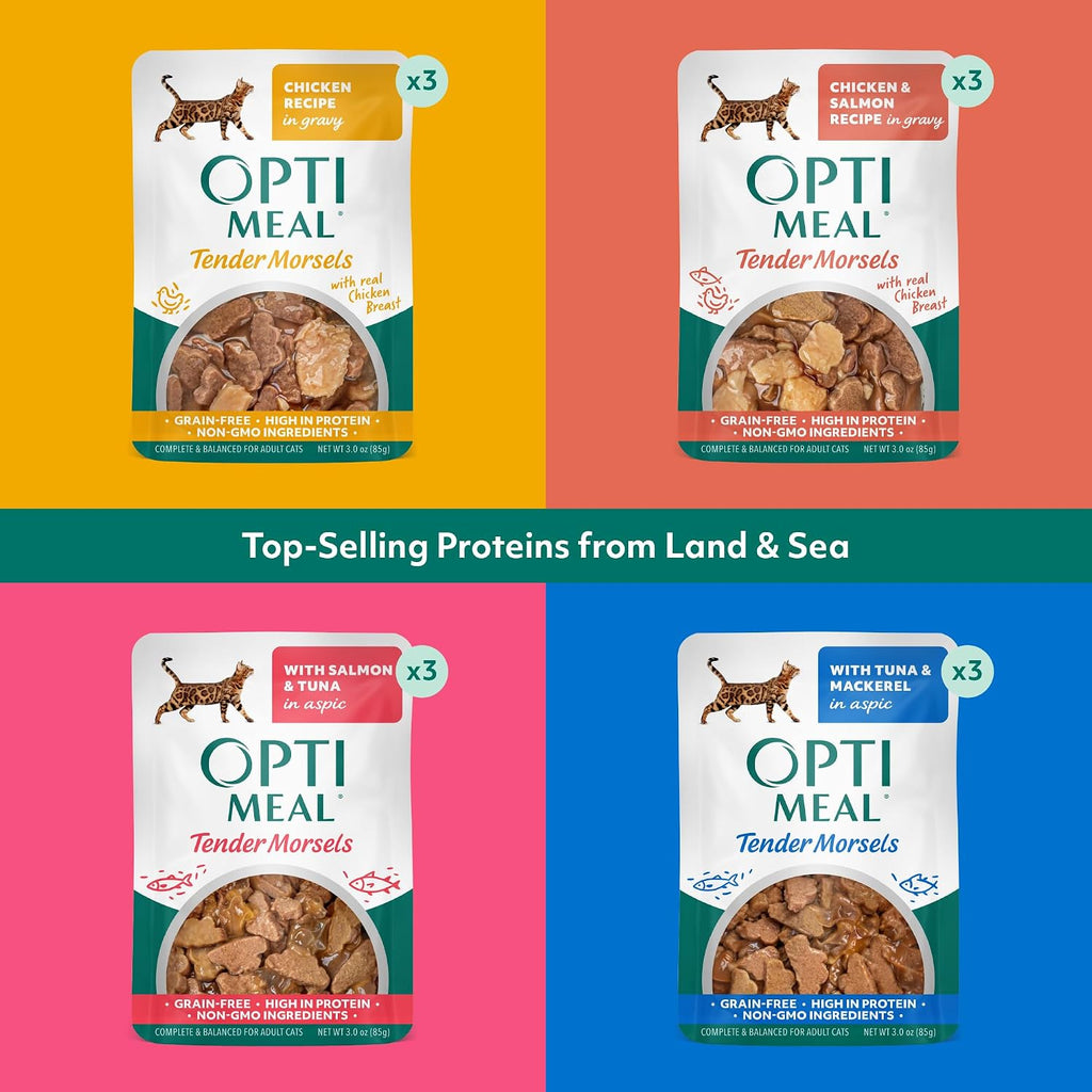 Optimeal grain free wet cat food pouches in four different flavors