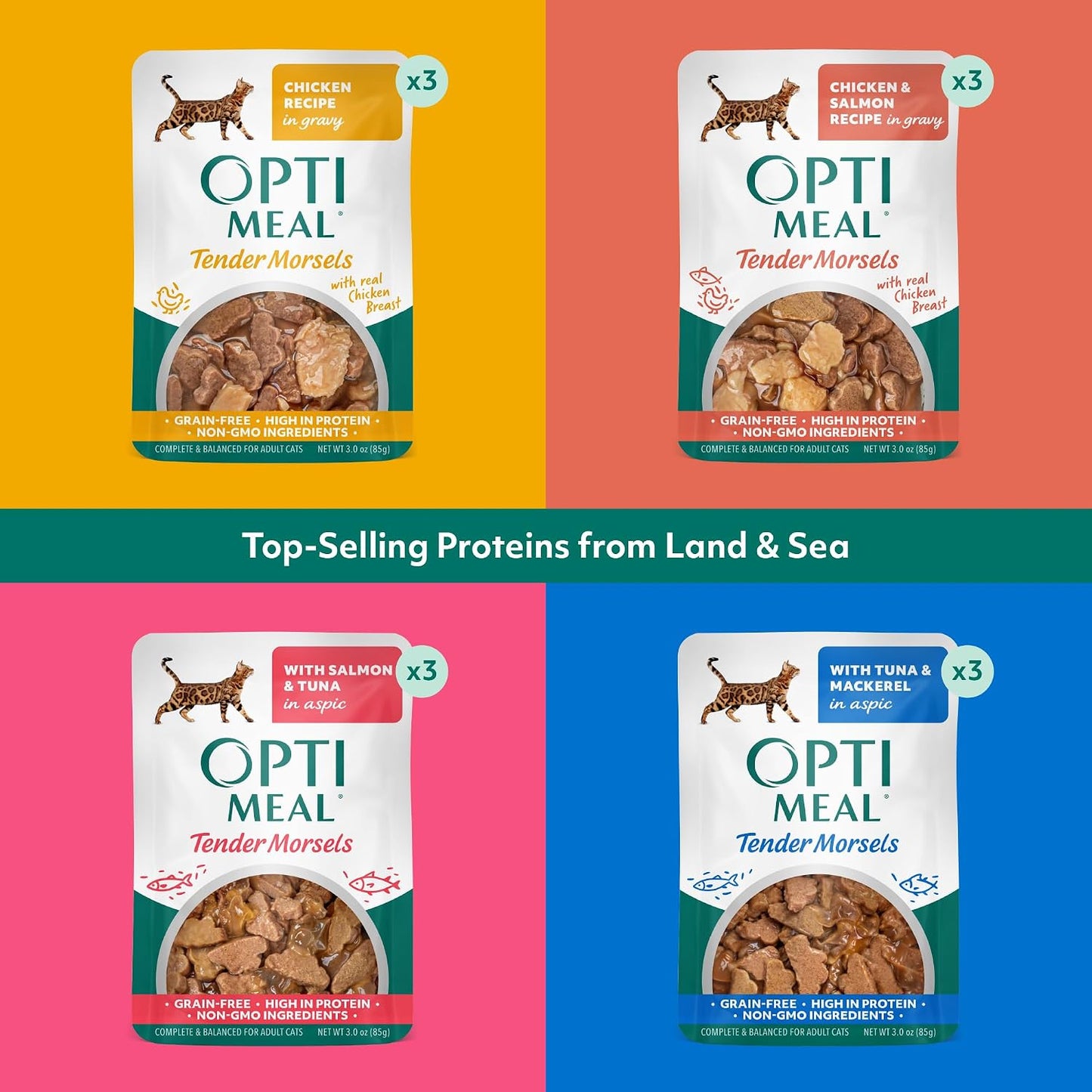 Optimeal grain free wet cat food pouches in four different flavors