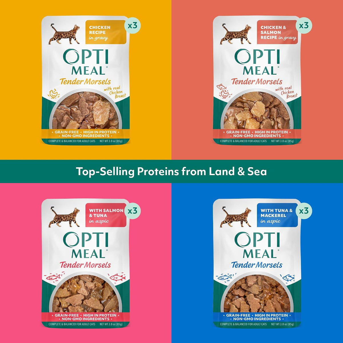 Optimeal grain free wet cat food pouches in four different flavors