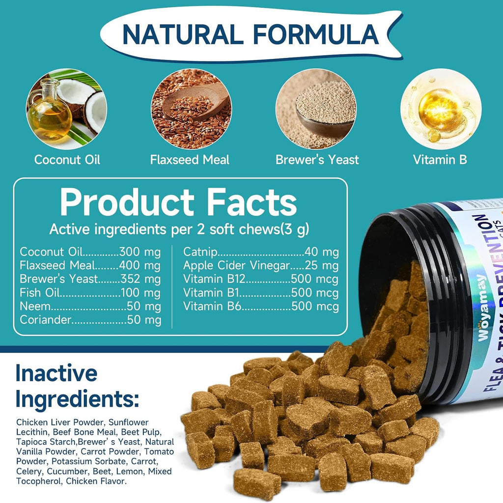 Two hundred count bottle of premium natural tick and flea remedy chewables for cats